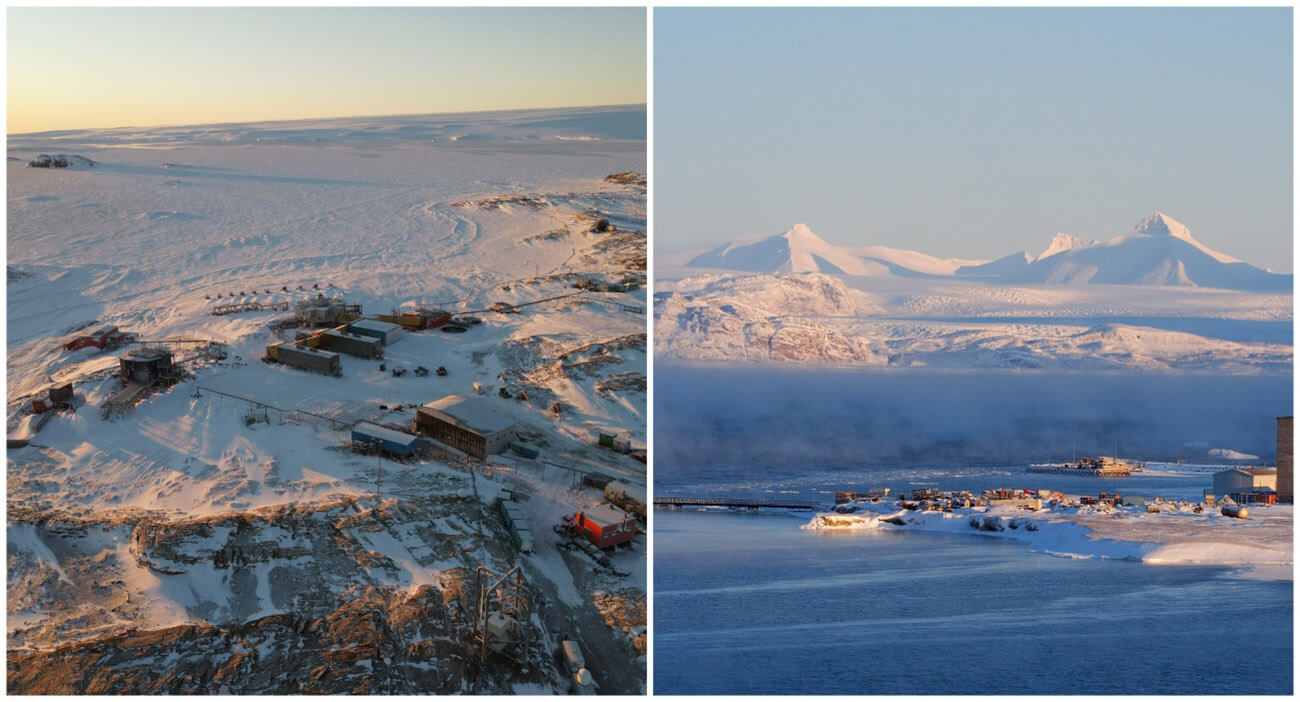 （左）南極・昭和基地　（右）北極・ニーオルスン基地